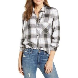RAILS Hunter White Black Gray Plaid Long Sleeve Flannel Button Down Shirt Sz XS